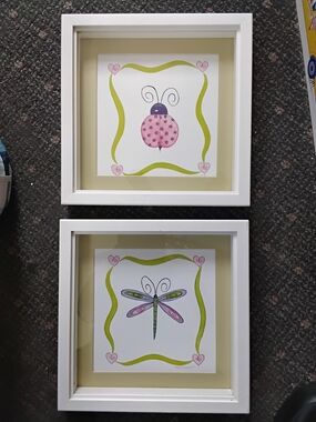 White Framed Pink & Green Bug Wall Art Set
